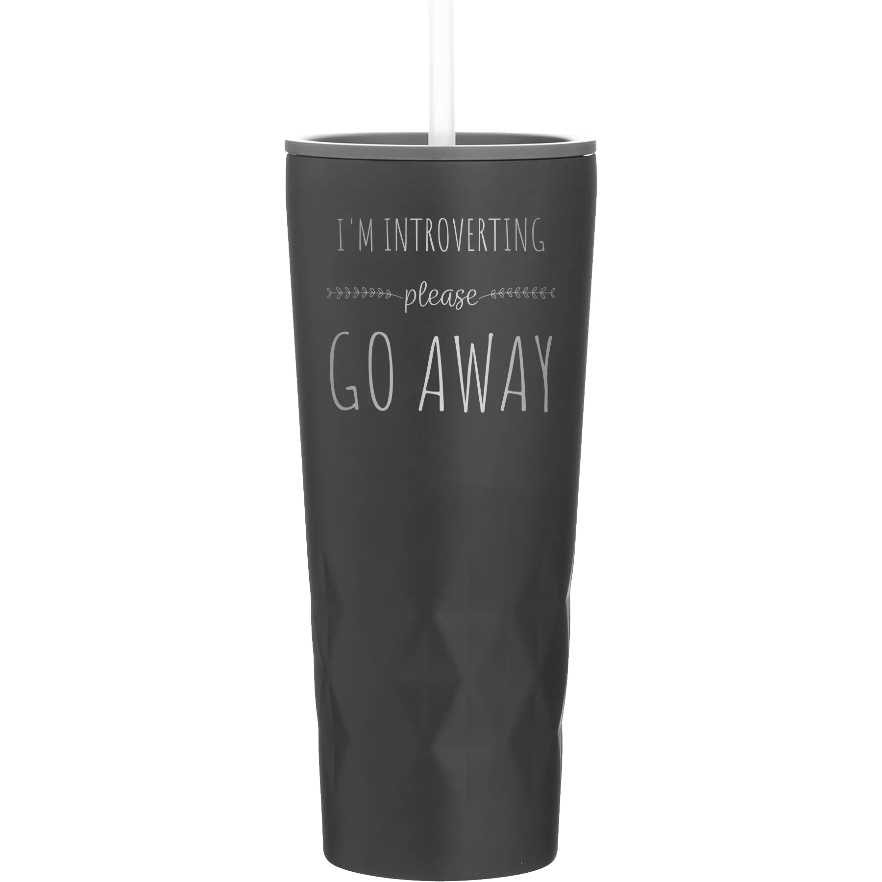 Laser etched black 20 oz vacuum insulated tumbler with 'Introverting' design