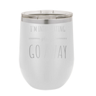 Laser etched white 12 oz vacuum insulated wine cup with 'Introverting' design