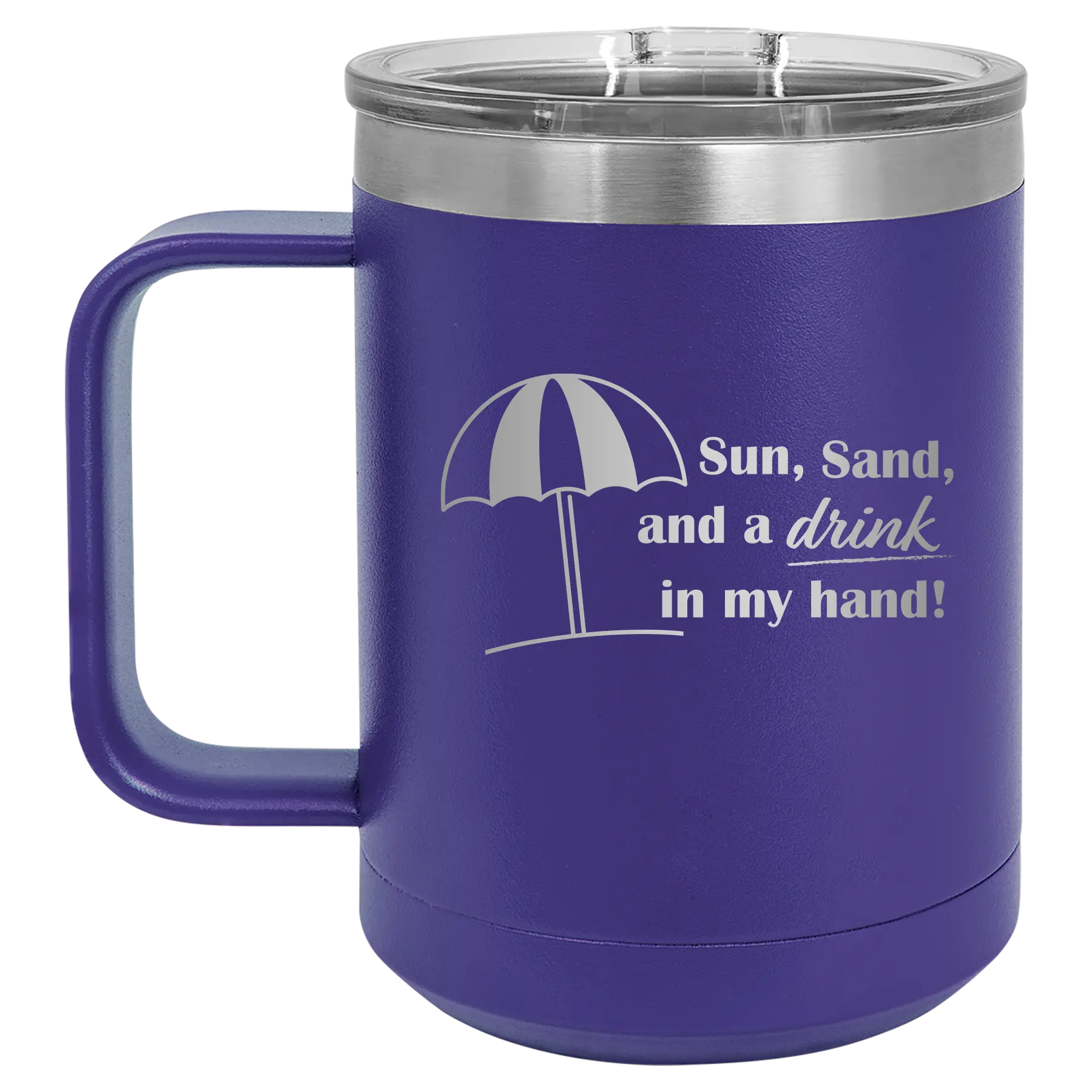 Laser etched purple 15 oz vacuum insulated coffee mug with 'Sun Sand Drink in Hand' design
