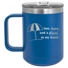 Laser etched royal blue 15 oz vacuum insulated coffee mug with 'Sun Sand Drink in Hand' design