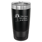 Laser etched black 20 oz vacuum insulated tumbler with 'Sun Sand Drink in Hand' design