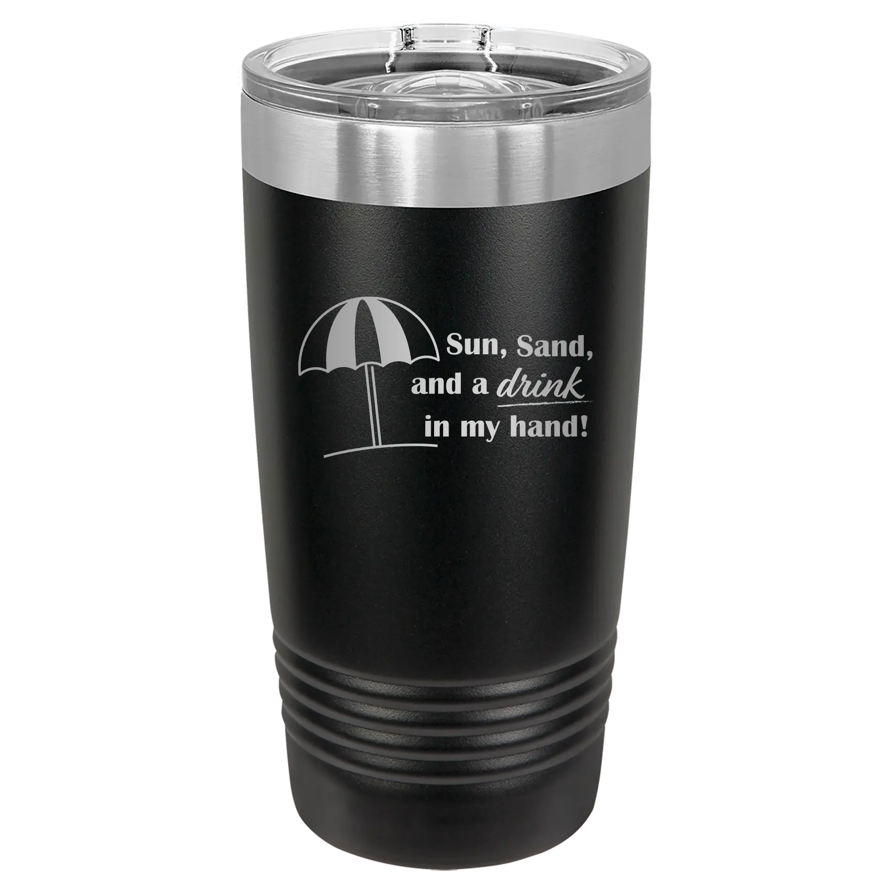 Laser etched black 20 oz vacuum insulated tumbler with 'Sun Sand Drink in Hand' design