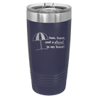 Laser etched navy 20 oz vacuum insulated tumbler with 'Sun Sand Drink in Hand' design