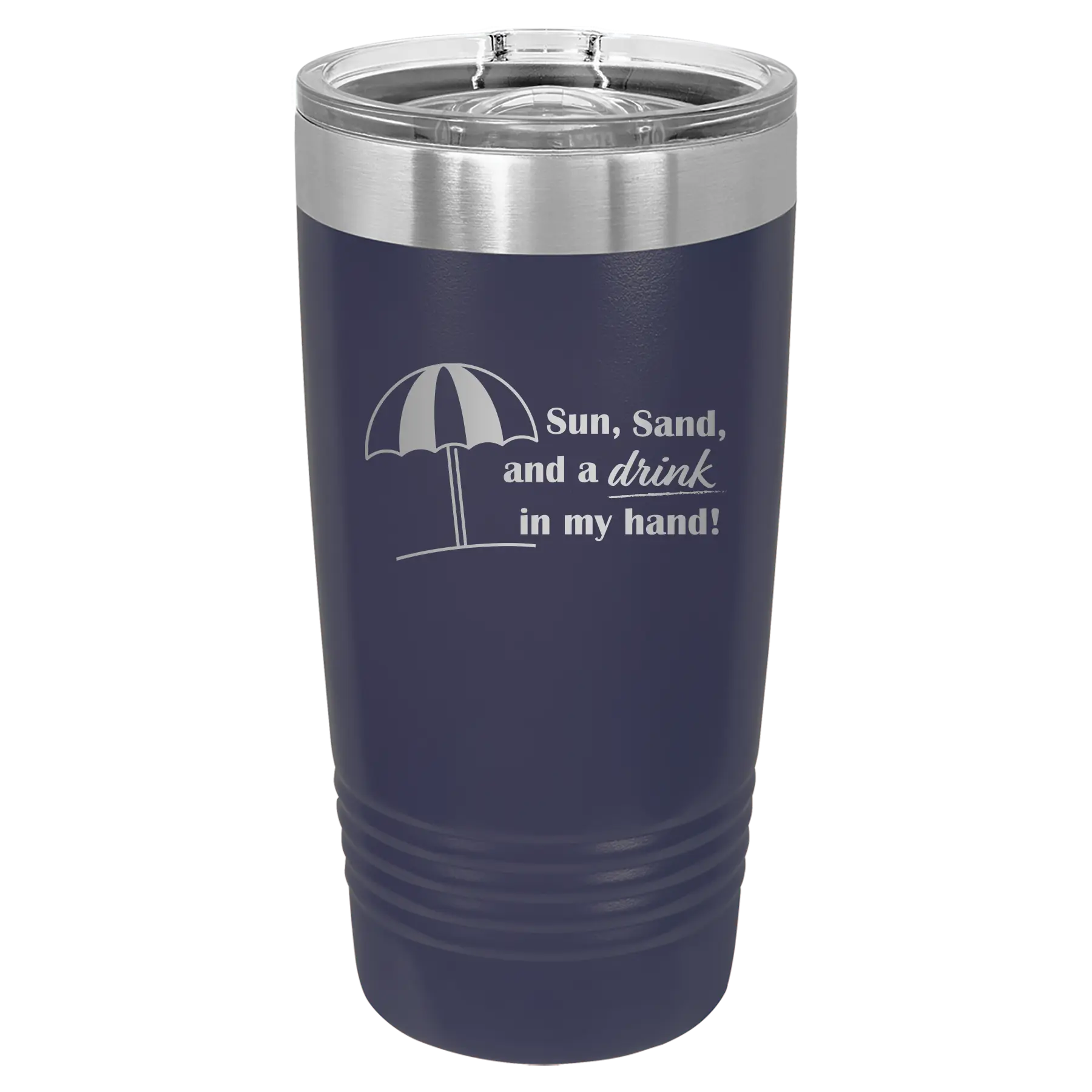 Laser etched navy 20 oz vacuum insulated tumbler with 'Sun Sand Drink in Hand' design