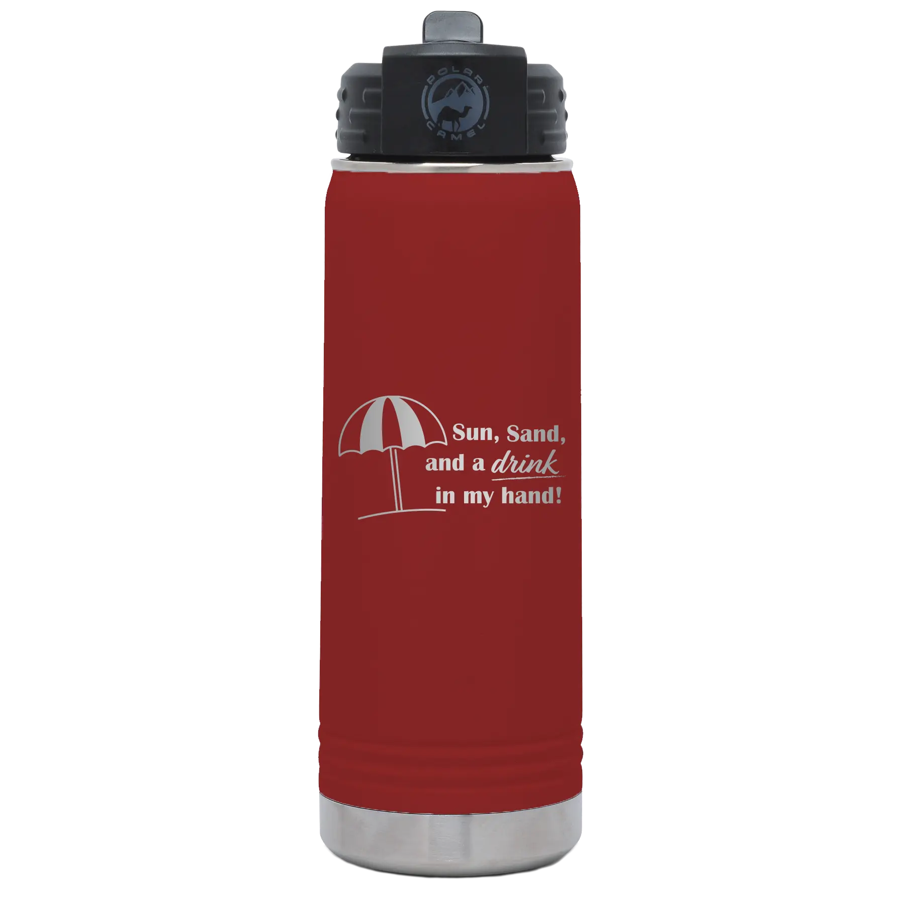 Laser etched maroon 20 oz vacuum insulated water bottle with 'Sun Sand Drink in Hand' design