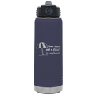 Laser etched navy 20 oz vacuum insulated water bottle with 'Sun Sand Drink in Hand' design