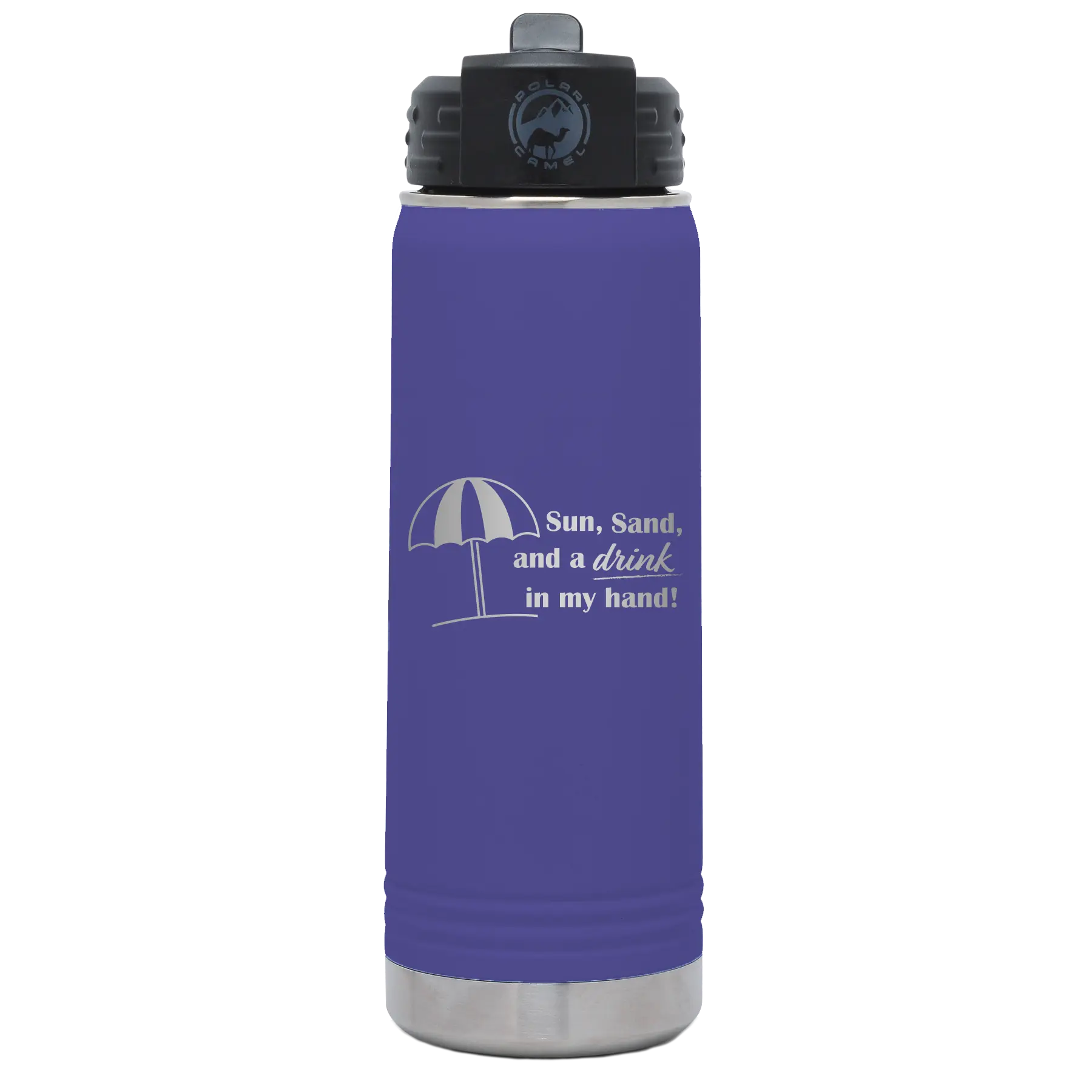 Laser etched purple 20 oz vacuum insulated water bottle with 'Sun Sand Drink in Hand' design