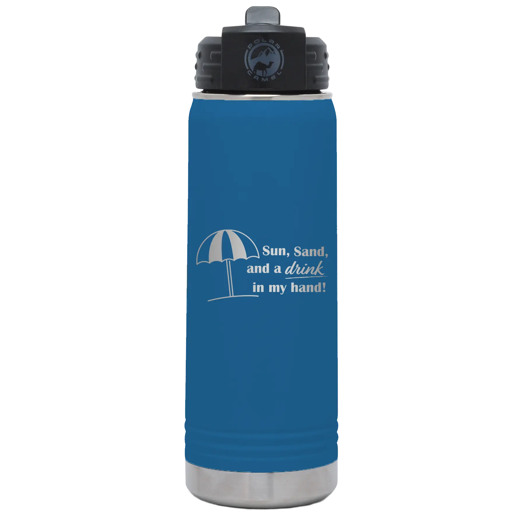 Laser etched royal blue 20 oz vacuum insulated water bottle with 'Sun Sand Drink in Hand' design