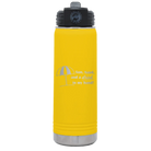 Laser etched yellow 20 oz vacuum insulated water bottle with 'Sun Sand Drink in Hand' design