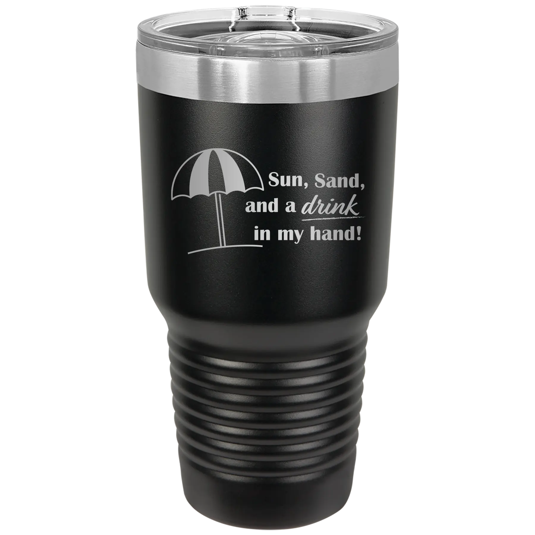 Laser etched black 30 oz vacuum insulated tumbler with 'Sun Sand Drink in Hand' design