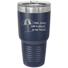Laser etched navy 30 oz vacuum insulated tumbler with 'Sun Sand Drink in Hand' design