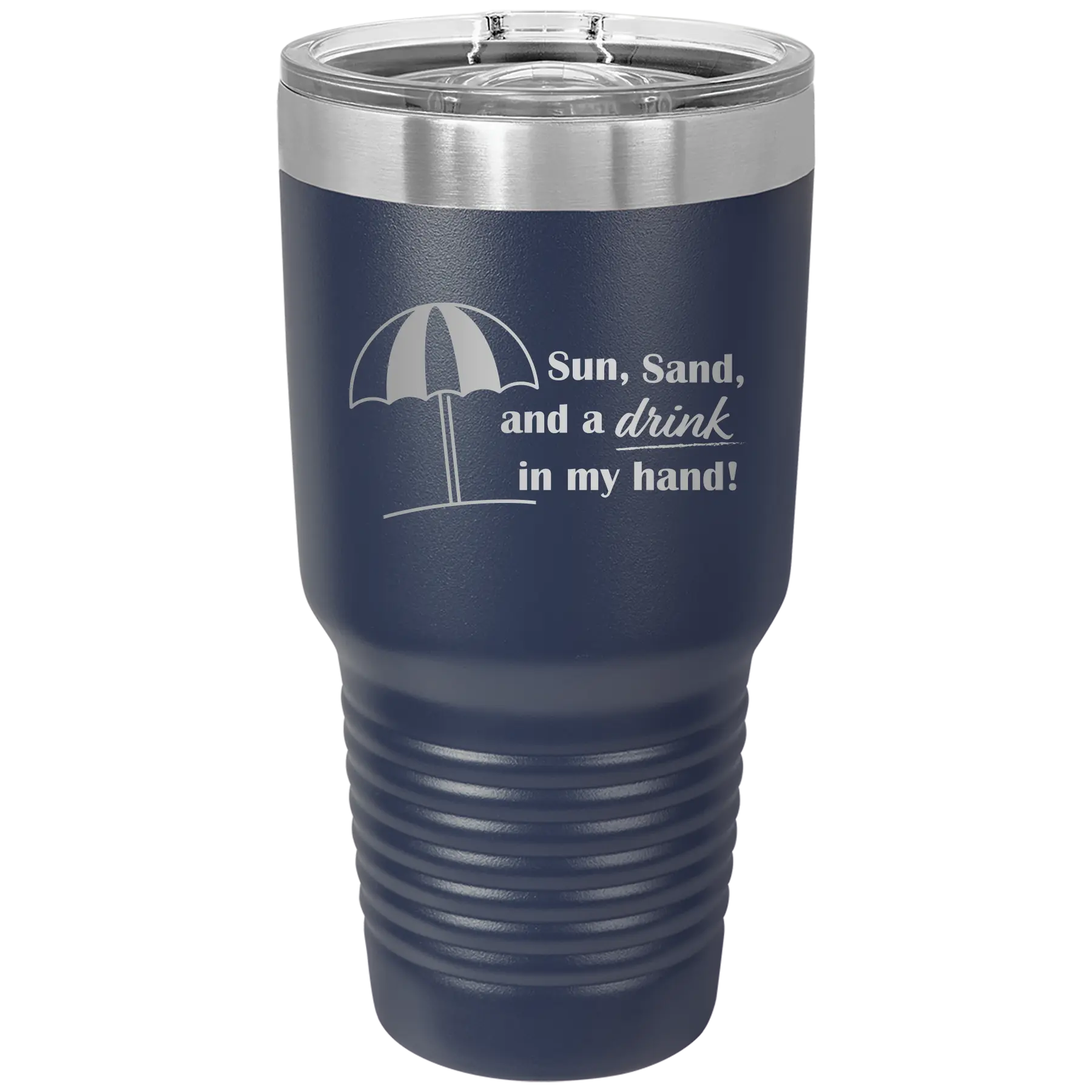 Laser etched navy 30 oz vacuum insulated tumbler with 'Sun Sand Drink in Hand' design