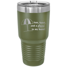 Laser etched olive green 30 oz vacuum insulated tumbler with 'Sun Sand Drink in Hand' design