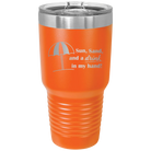 Laser etched orange 30 oz vacuum insulated tumbler with 'Sun Sand Drink in Hand' design
