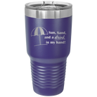 Laser etched purple 30 oz vacuum insulated tumbler with 'Sun Sand Drink in Hand' design