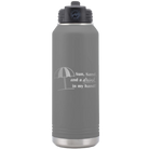 Laser etched dark gray 32 oz vacuum insulated water bottle with 'Sun Sand Drink in Hand' design
