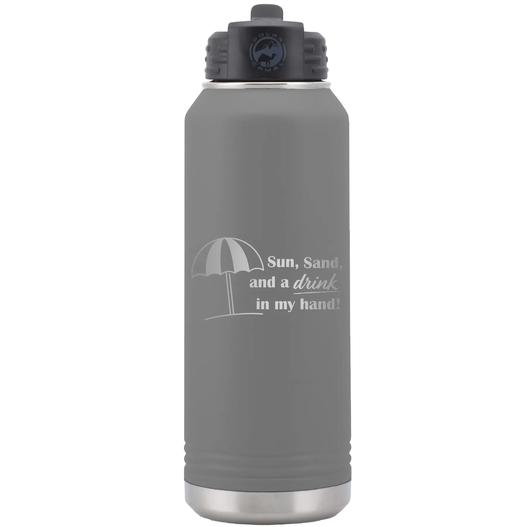 Laser etched dark gray 32 oz vacuum insulated water bottle with 'Sun Sand Drink in Hand' design
