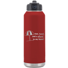 Laser etched maroon 32 oz vacuum insulated water bottle with 'Sun Sand Drink in Hand' design