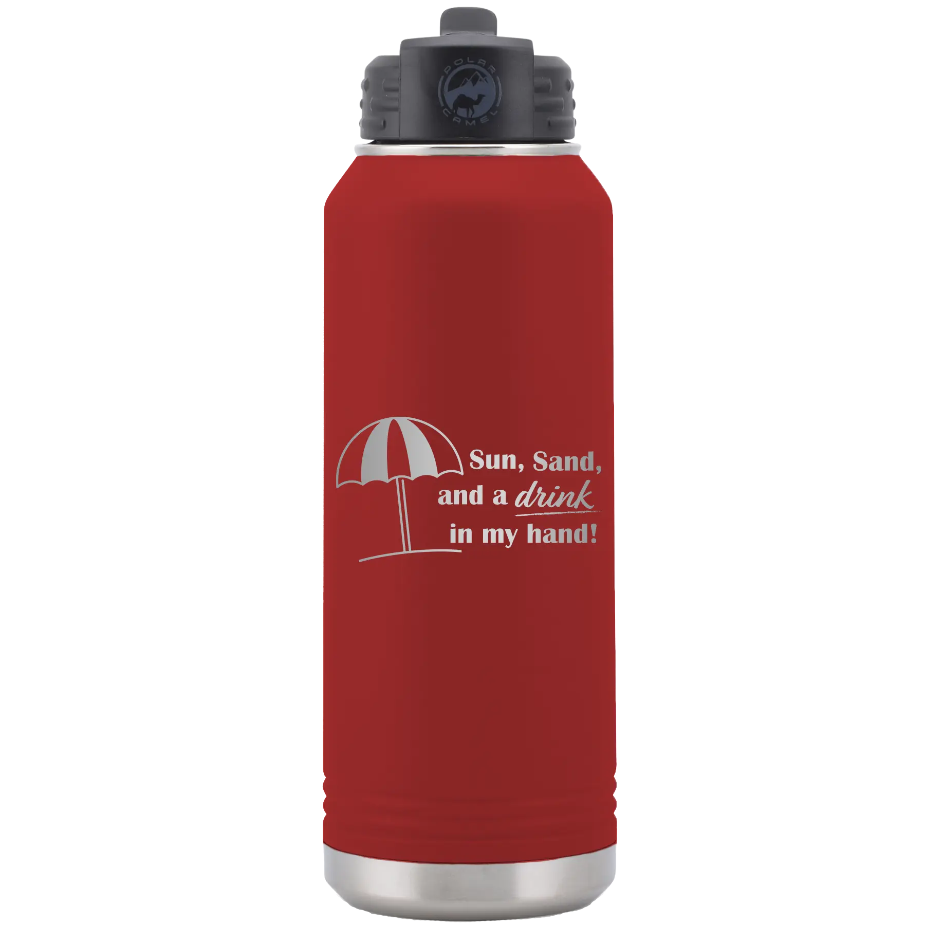 Laser etched maroon 32 oz vacuum insulated water bottle with 'Sun Sand Drink in Hand' design