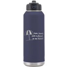 Laser etched navy 32 oz vacuum insulated water bottle with 'Sun Sand Drink in Hand' design