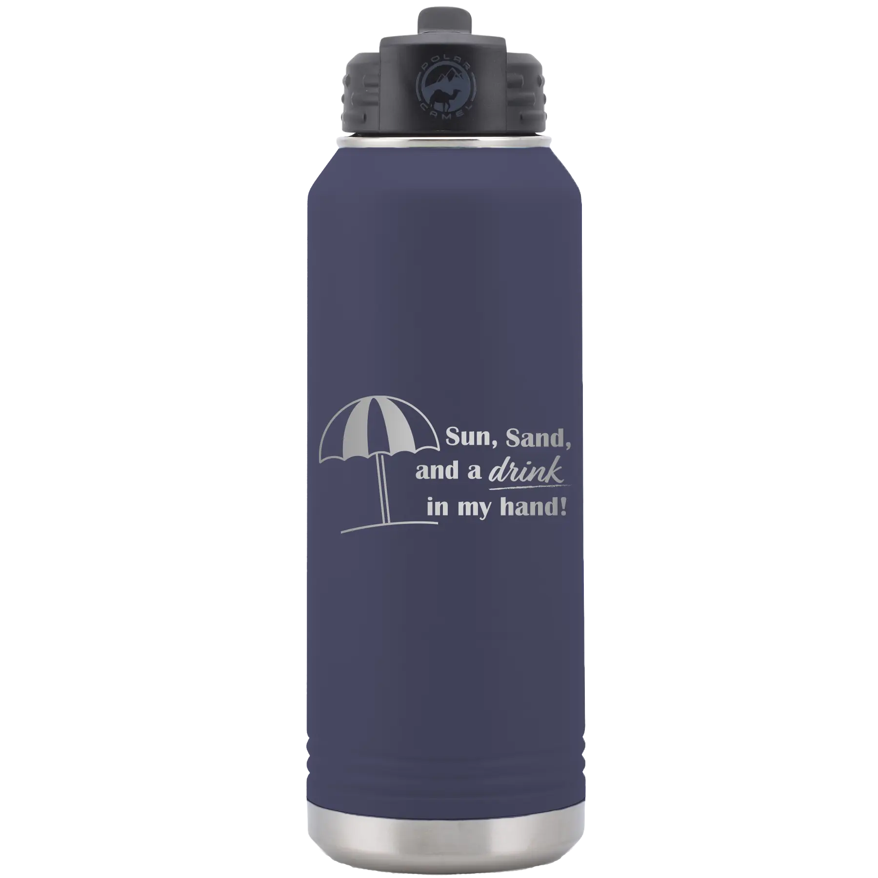 Laser etched navy 32 oz vacuum insulated water bottle with 'Sun Sand Drink in Hand' design