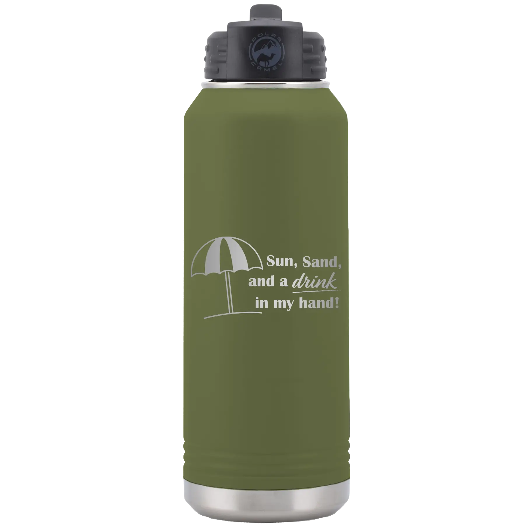 Laser etched olive green 32 oz vacuum insulated water bottle with 'Sun Sand Drink in Hand' design