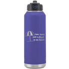 Laser etched purple 32 oz vacuum insulated water bottle with 'Sun Sand Drink in Hand' design