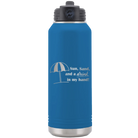Laser etched royal blue 32 oz vacuum insulated water bottle with 'Sun Sand Drink in Hand' design