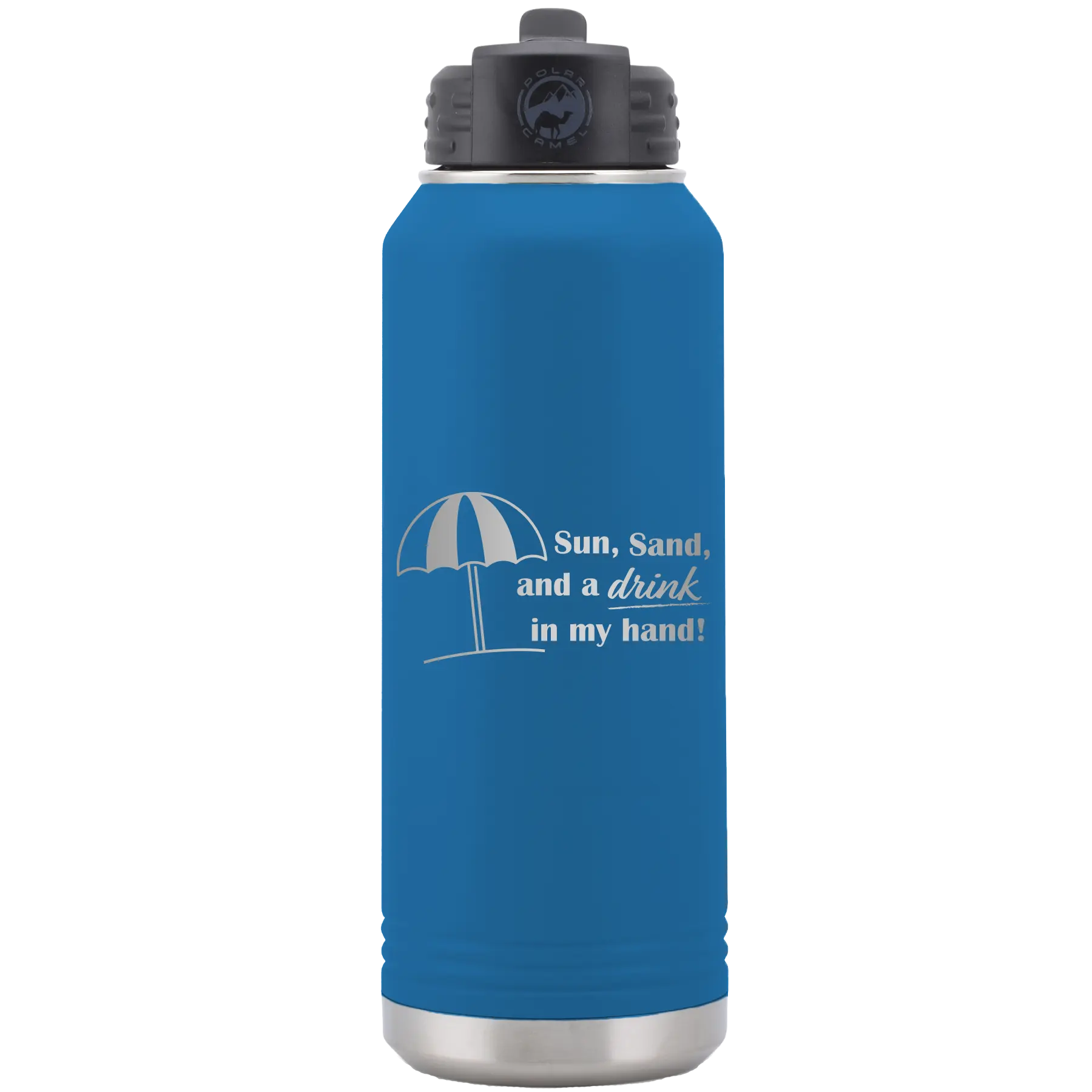 Laser etched royal blue 32 oz vacuum insulated water bottle with 'Sun Sand Drink in Hand' design