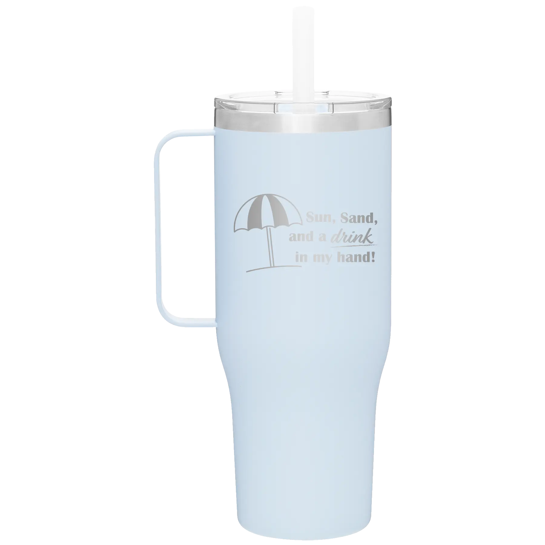 Laser etched landfall 40 oz vacuum insulated tumbler mug with 'Sun Sand Drink in Hand' design