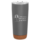 Laser etched storm gray 20 oz vacuum insulated tumbler with 'Sun Sand Drink in Hand' design