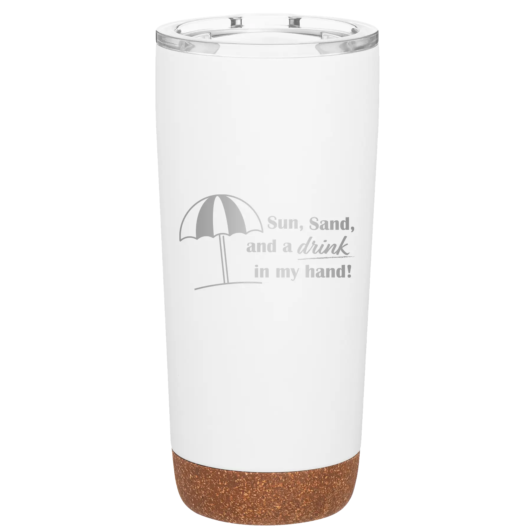 Laser etched white 20 oz vacuum insulated tumbler with 'Sun Sand Drink in Hand' design