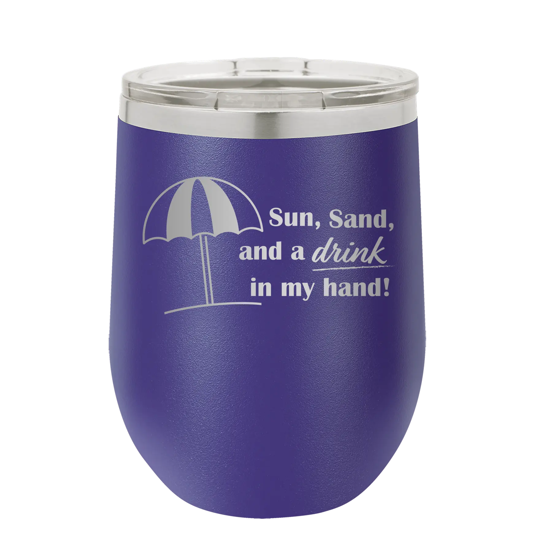 Laser etched purple 12 oz vacuum insulated wine cup with 'Sun Sand Drink in Hand' design
