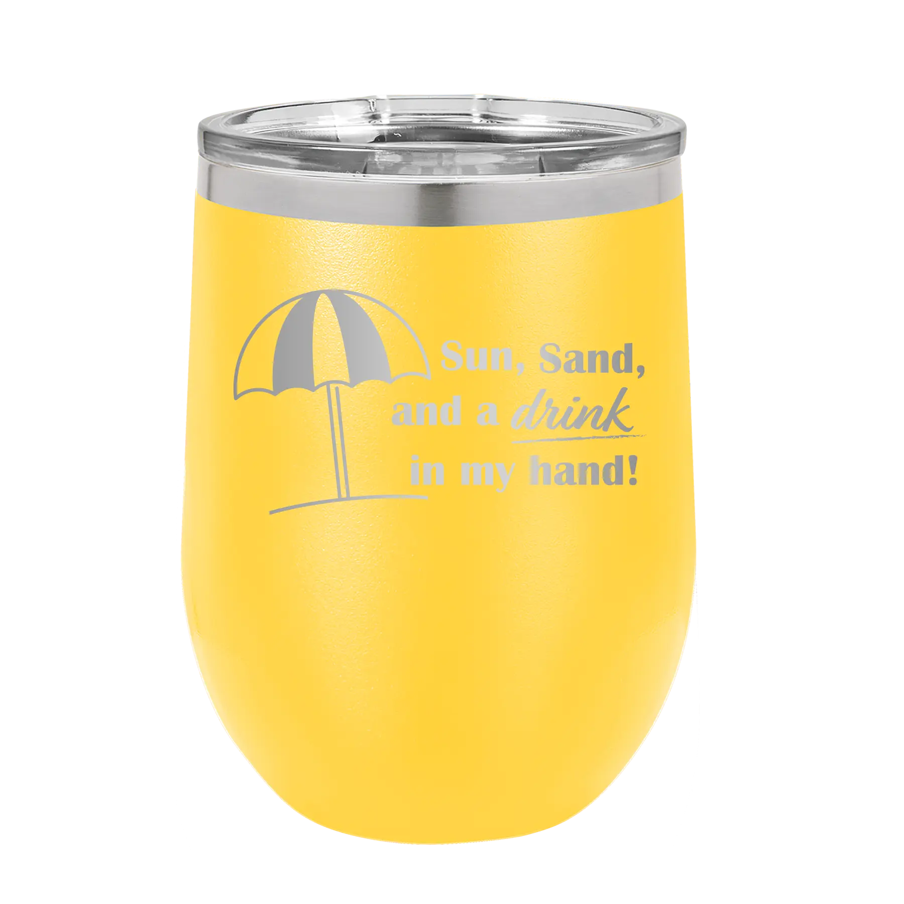 Laser etched yellow 12 oz vacuum insulated wine cup with 'Sun Sand Drink in Hand' design