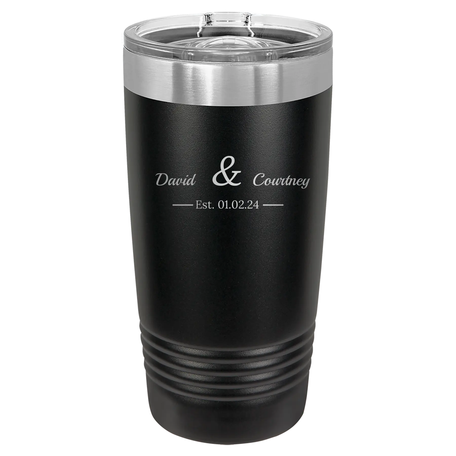 Personalized black 20 oz vacuum insulated tumbler with '2 Lines Name Anniversary' design