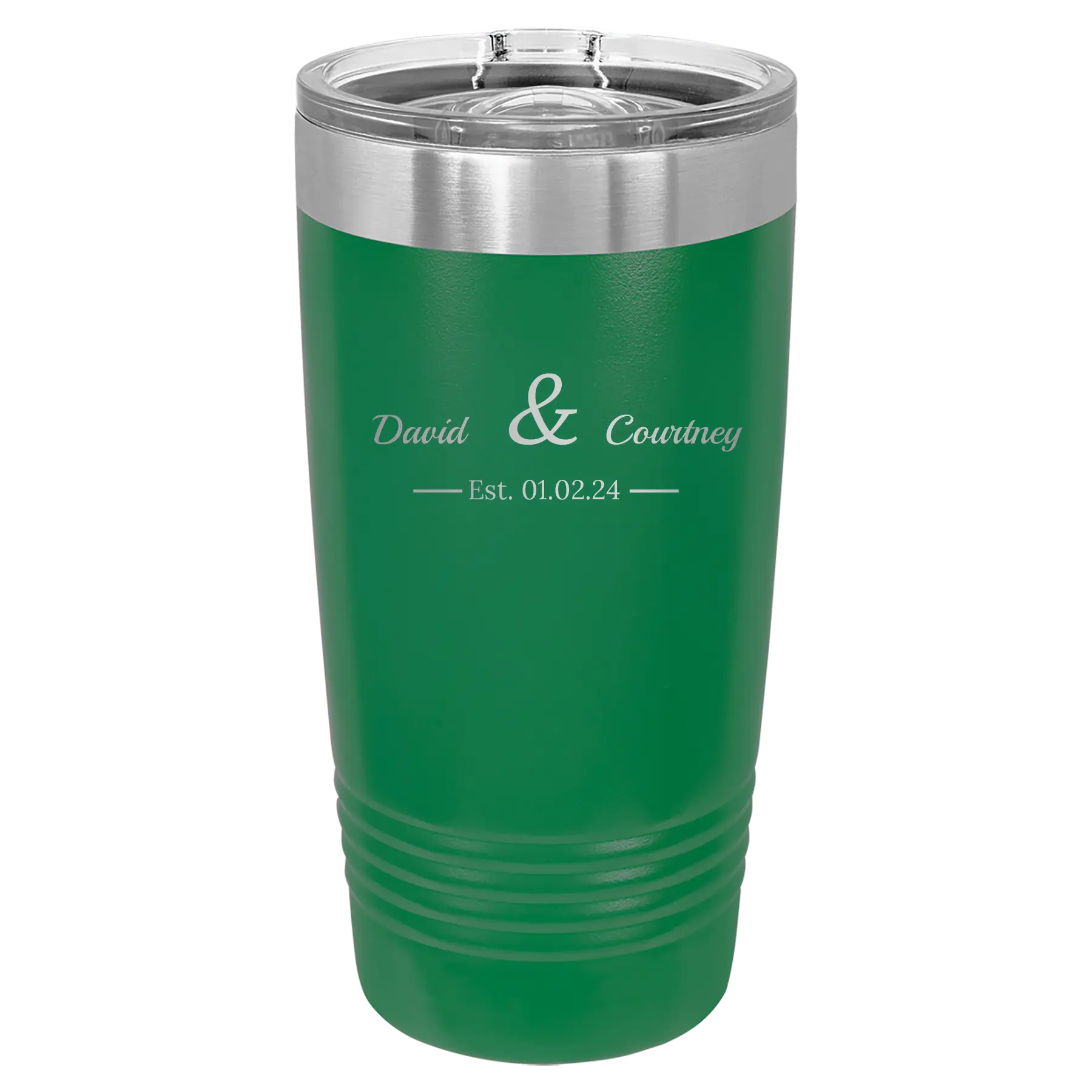 Personalized green 20 oz vacuum insulated tumbler with '2 Lines Name Anniversary' design