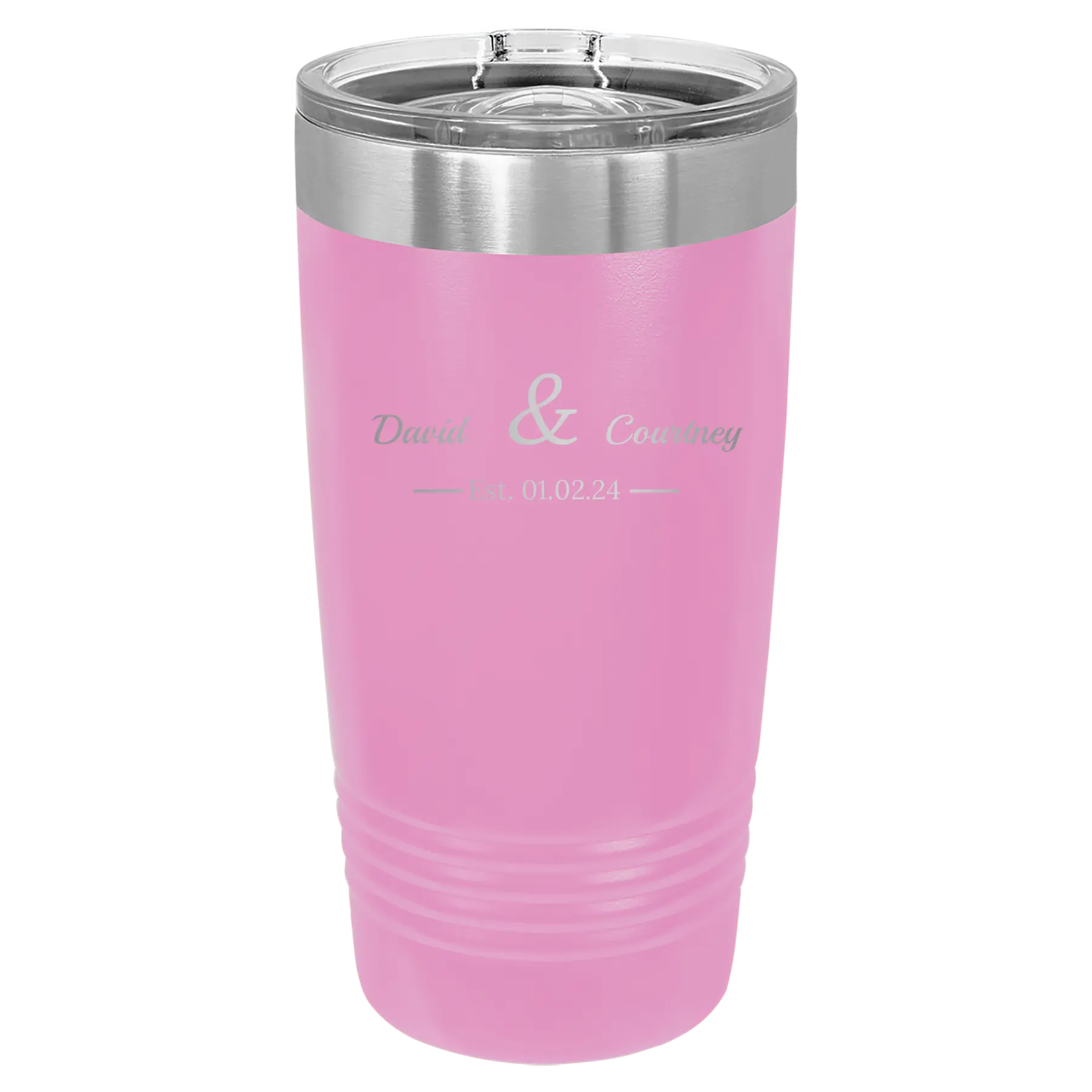 Personalized light purple 20 oz vacuum insulated tumbler with '2 Lines Name Anniversary' design