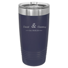 Personalized navy 20 oz vacuum insulated tumbler with '2 Lines Name Anniversary' design