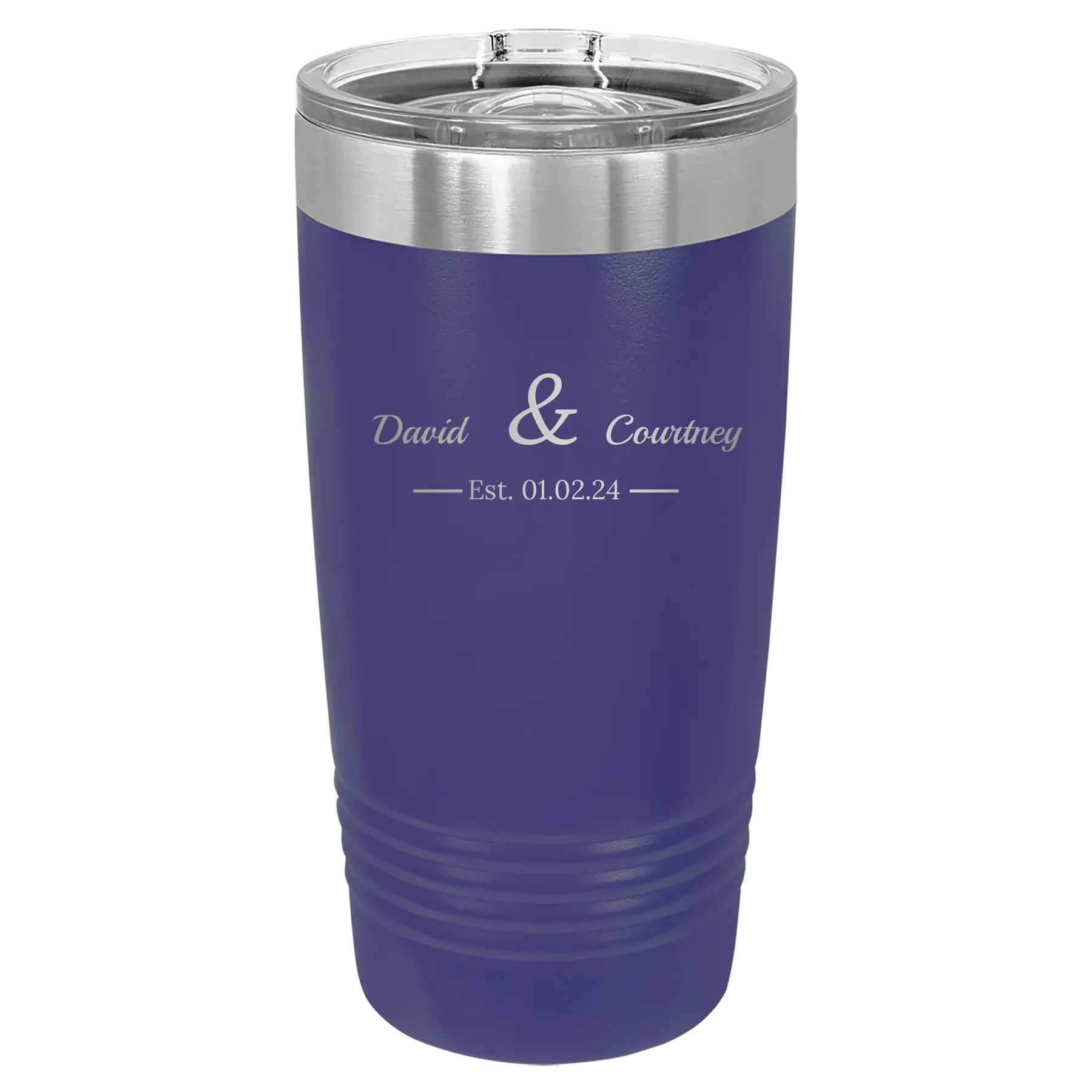 Personalized purple 20 oz vacuum insulated tumbler with '2 Lines Name Anniversary' design