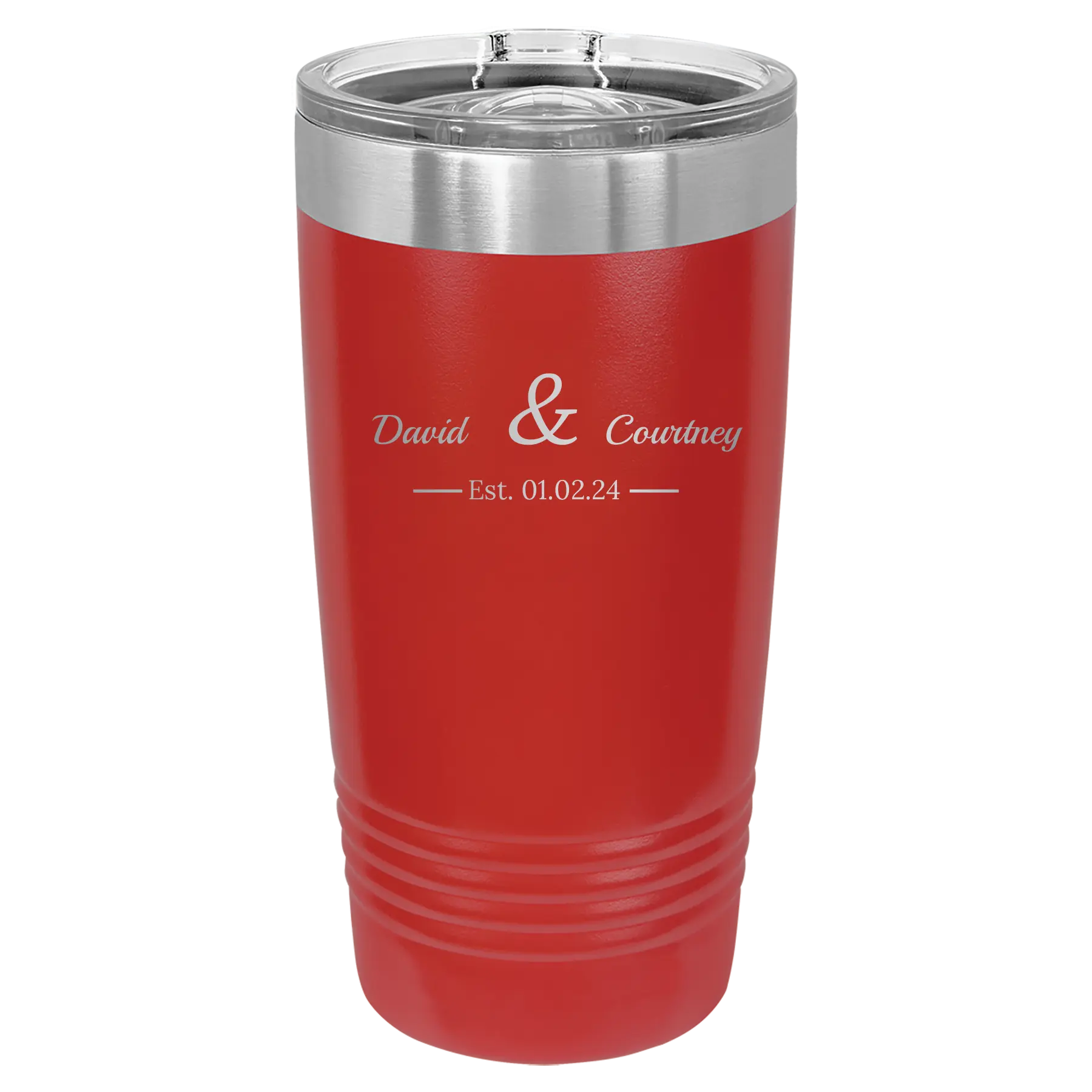 Personalized red 20 oz vacuum insulated tumbler with '2 Lines Name Anniversary' design