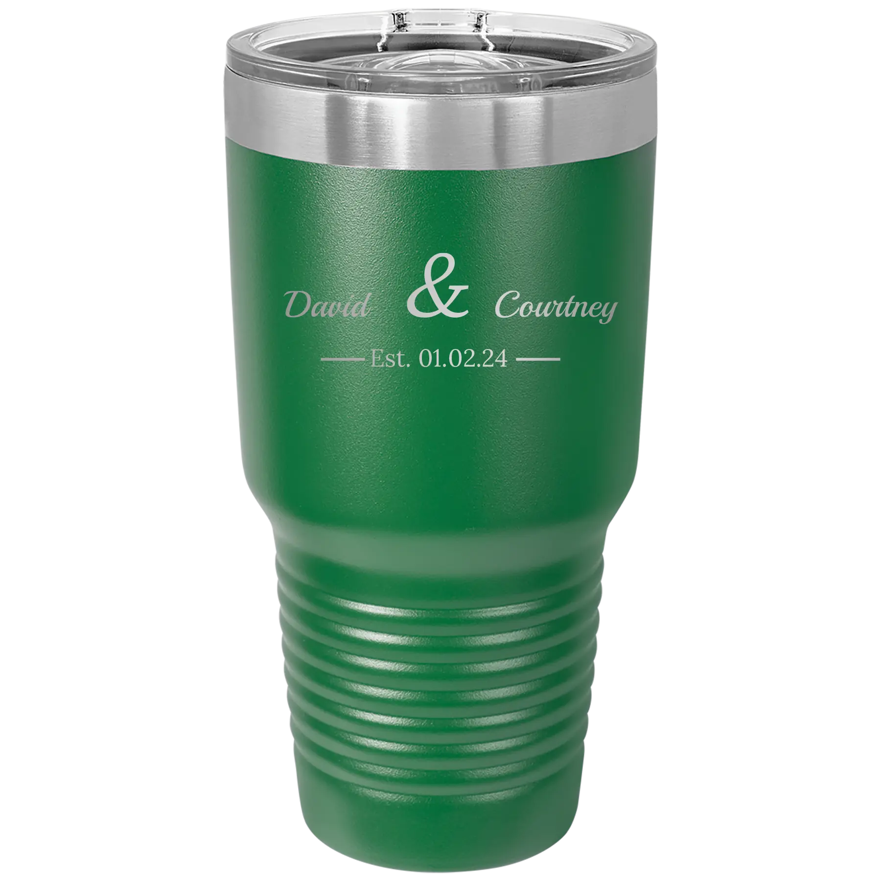Personalized green 30 oz vacuum insulated tumbler with '2 Lines Name Anniversary' design