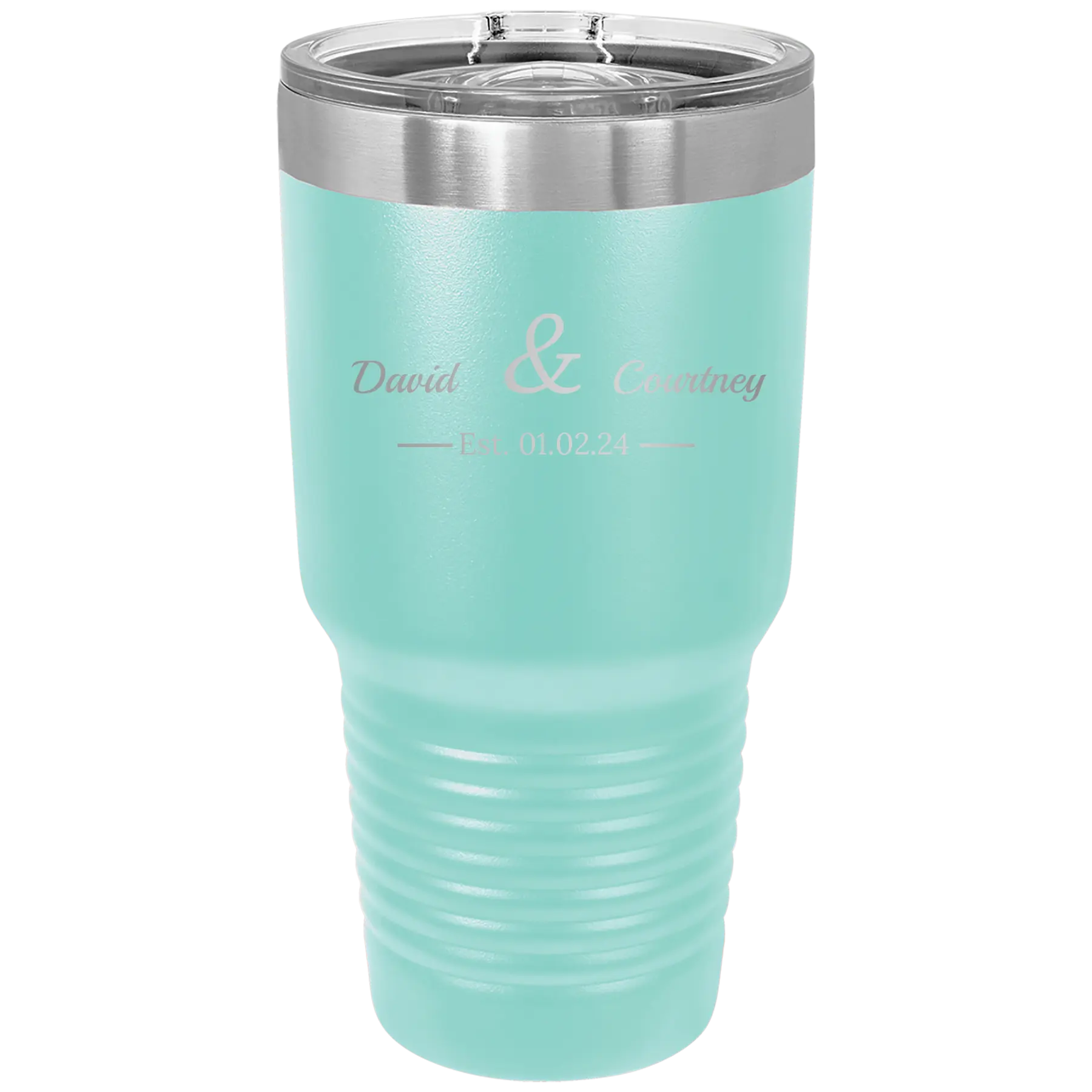 Personalized teal 30 oz vacuum insulated tumbler with '2 Lines Name Anniversary' design