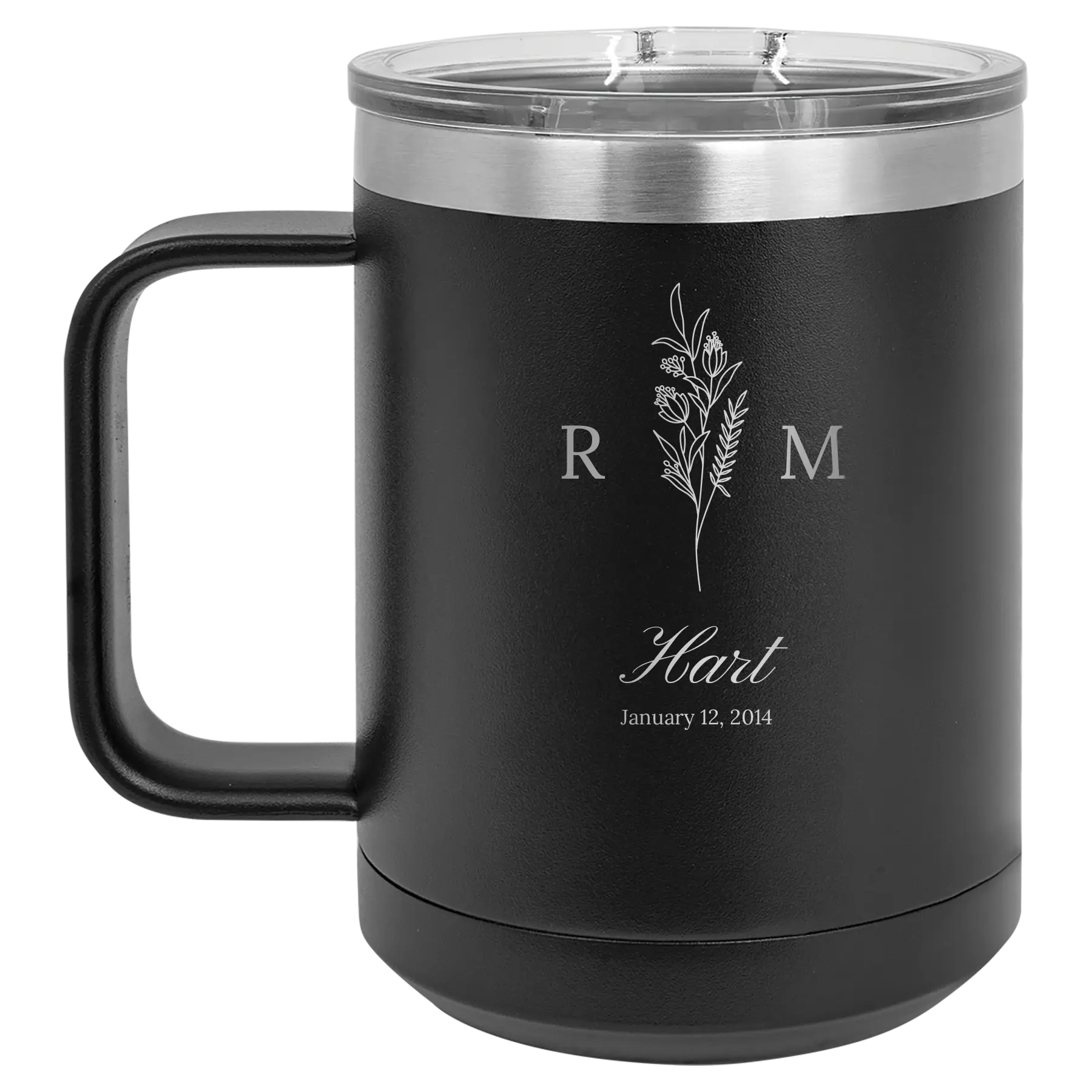 Personalized black 15 oz vacuum insulated coffee mug with '3 Lines Initial Last Name Anniversary' design