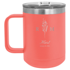 Personalized coral 15 oz vacuum insulated coffee mug with '3 Lines Initial Last Name Anniversary' design