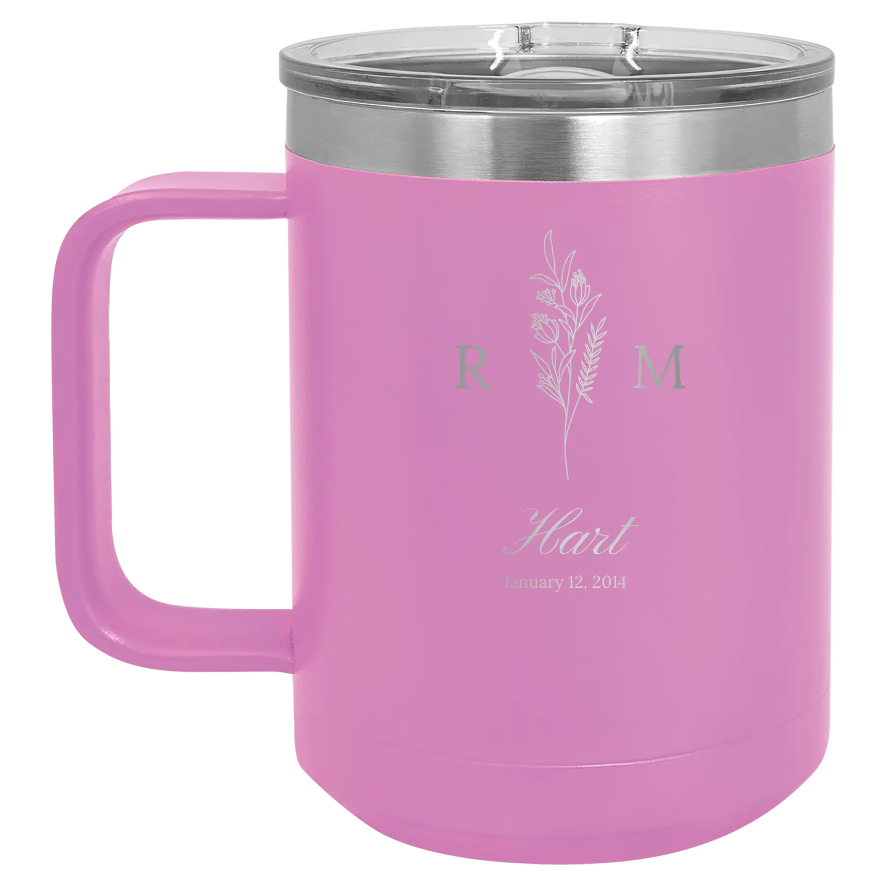 Personalized light purple 15 oz vacuum insulated coffee mug with '3 Lines Initial Last Name Anniversary' design