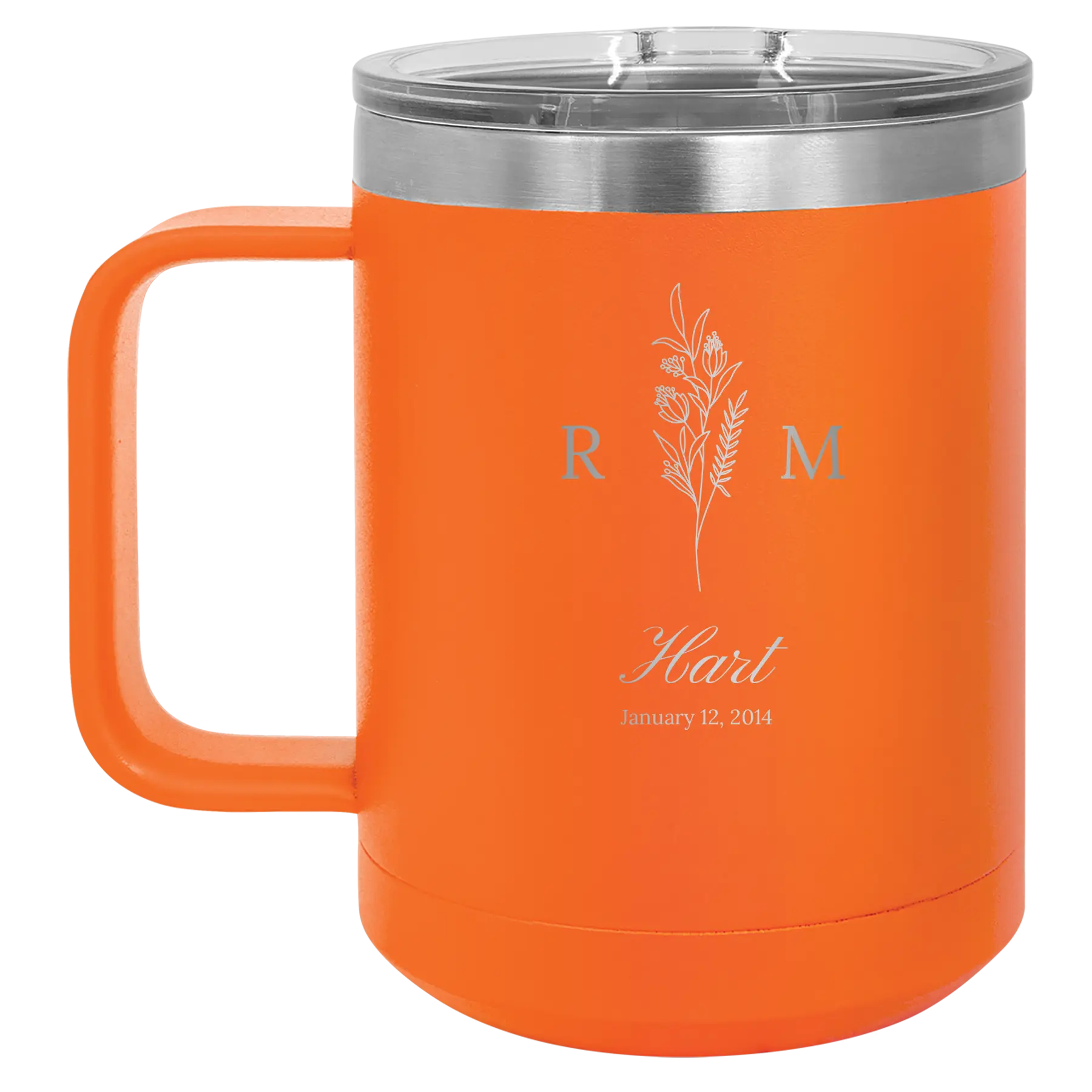 Personalized orange 15 oz vacuum insulated coffee mug with '3 Lines Initial Last Name Anniversary' design