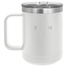Personalized white 15 oz vacuum insulated coffee mug with '3 Lines Initial Last Name Anniversary' design