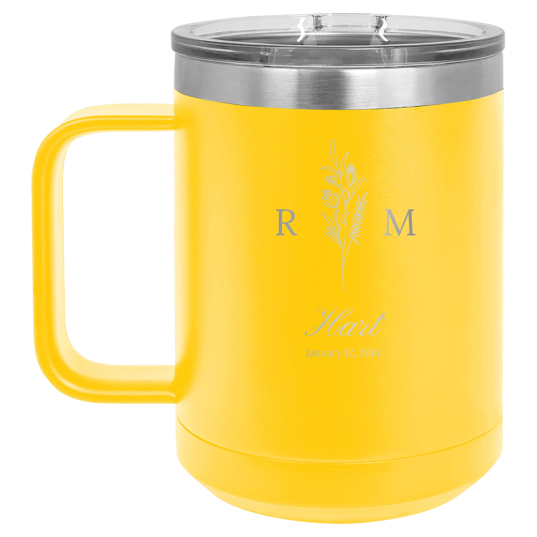 Personalized yellow 15 oz vacuum insulated coffee mug with '3 Lines Initial Last Name Anniversary' design