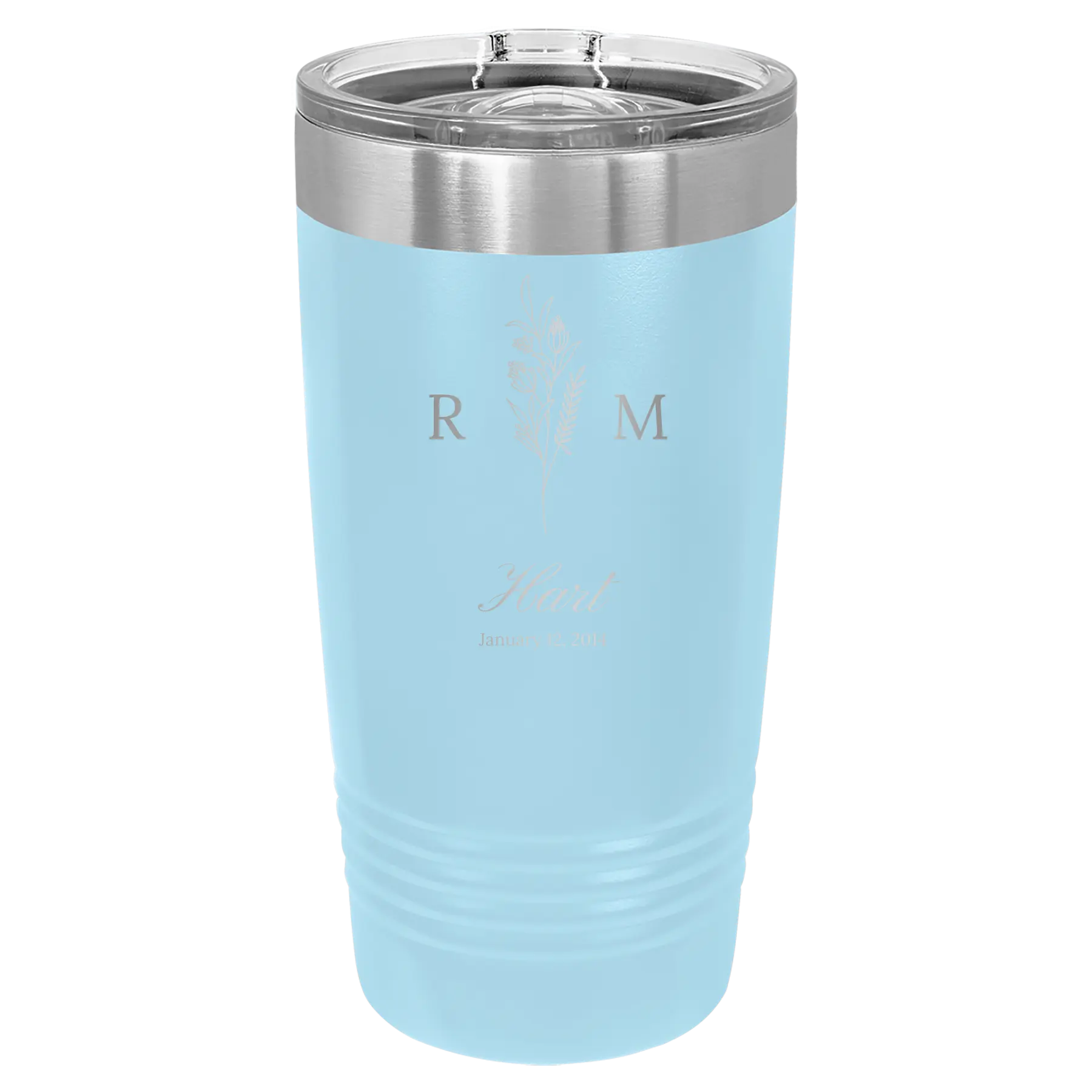 Personalized light blue 20 oz vacuum insulated tumbler with '3 Lines Initial Last Name Anniversary' design