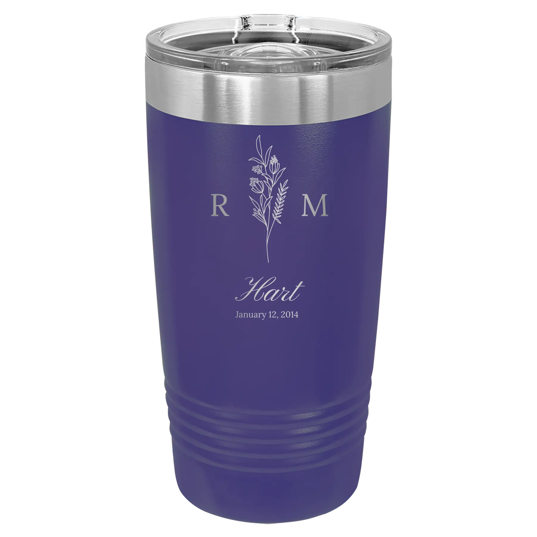 Personalized purple 20 oz vacuum insulated tumbler with '3 Lines Initial Last Name Anniversary' design